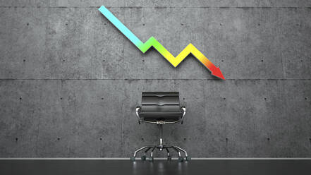 Three dimensional render of office chair standing under colorful graph arrow representing economic recession - ALF00803