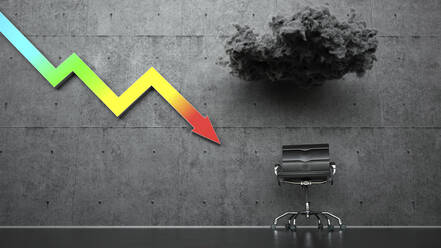 Three dimensional render of office chair standing under storm cloud and colorful graph arrow representing economic recession - ALF00806