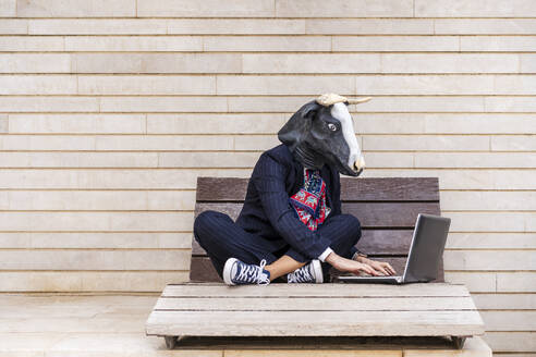 Weiblicher Börsenmakler mit Stiermaske arbeitet an einem Laptop und sitzt auf einer Bank an der Wand - DLTSF01670