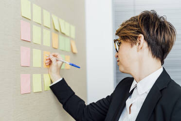 Businesswoman writing on adhesive note in office - MEUF02200