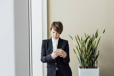 Geschäftsfrau, die ein Mobiltelefon neben einer Topfpflanze im Büro benutzt - MEUF02250