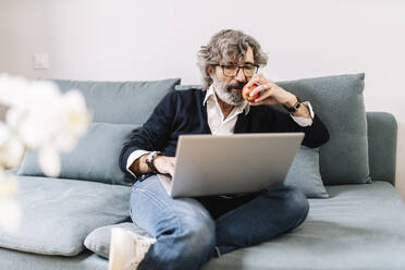 Älterer Mann isst Apfel, während er zu Hause einen Laptop benutzt - JCZF00558
