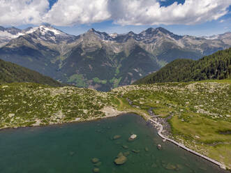 Aerial view of shore of Lake Chiusetta and Aurina Valley in summer - LOMF01267