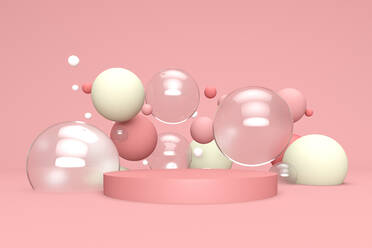 Three dimensional render of bubbles floating over empty podium - JPSF00104