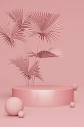 Pink render of empty pedestal, palm tree and few spheres - JPSF00106