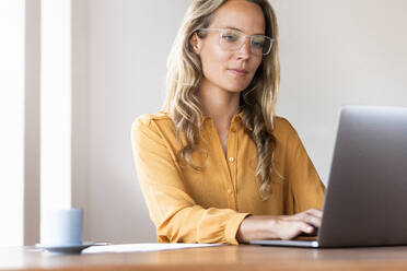 Freiberufliche Mitarbeiterin mit Laptop am Schreibtisch im Heimbüro - SBOF03417
