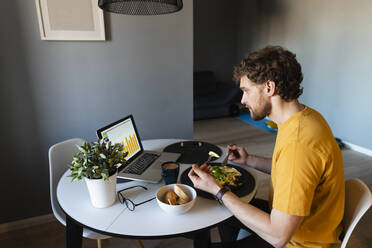 Male freelancer having food while working on laptop at home - VPIF03868