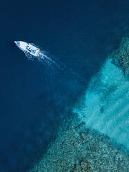 Nord Male Atoll, Huraa Insel, Luftaufnahme eines Bootes auf blauem Wasser - KNTF06200