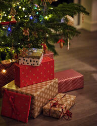 Wrapped gifts in front of Christmas tree at home - PWF00279