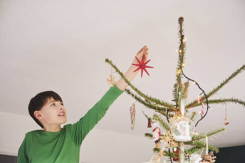 Junge schmückt Weihnachtsbaum zu Hause - PWF00294