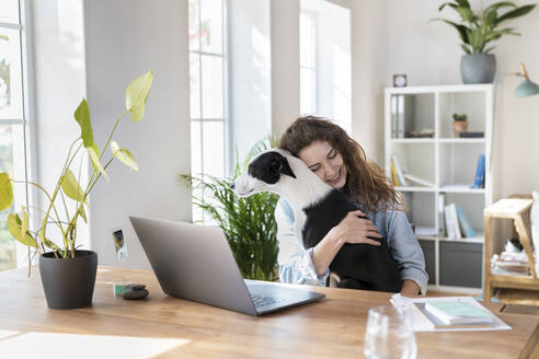 Lächelnde weibliche Fachkraft mit geschlossenen Augen, die einen Jack Russell Terrier im Büro zu Hause umarmt - SBOF03620