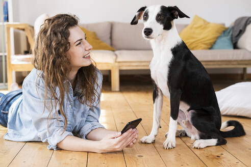 Schöne Frau mit langen Haaren, die ihr Smartphone hält und einen Hund im Wohnzimmer betrachtet - SBOF03644