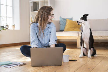 Lächelnde Jungunternehmerin mit Laptop, die einen Hund ansieht, während sie auf dem Boden sitzt - SBOF03647