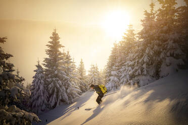 Mittlerer erwachsener Mann beim Skifahren auf einem verschneiten Berg bei Sonnenaufgang - MALF00342