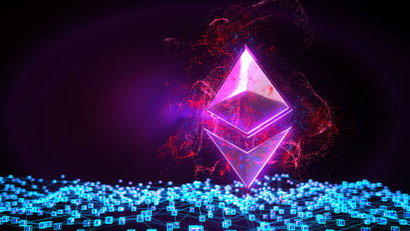 Dreidimensionales Rendering eines Computernetzwerks und rosa leuchtendes Ethereum-Logo - ALF00813