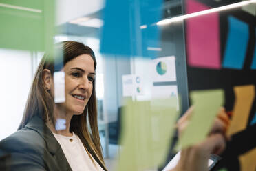 Businesswoman writing ideas on adhesive note while working at office - XLGF01414