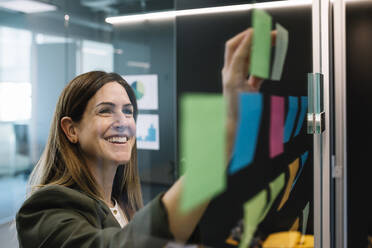 Excited businesswoman brainstorming using sticky notes on glass wall at office - XLGF01415