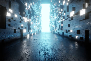 3D illustration of architecture visualisation of alien science fiction building interior with open gate - SPCF01321