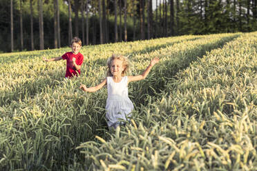Smiling cute girl running with brother amidst crop plants during sunset - WFF00525