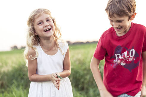 Fröhliches süßes Mädchen, das neben seinem Bruder auf einer grünen Wiese steht - WFF00534