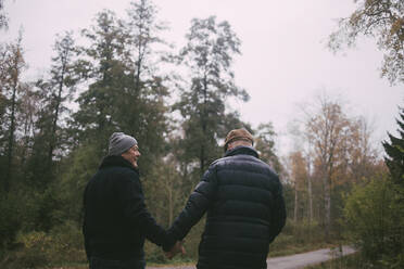 Happy homosexual couple holding hands while walking in forest - MASF22829