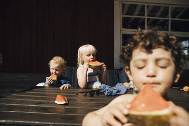 Geschwister essen Obst, während sie an einem sonnigen Tag am Tisch stehen - MASF22894