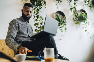 Male entrepreneur with laptop looking at smart phone in office - MASF22928