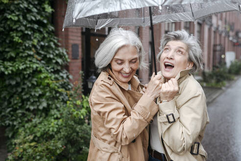 Fröhliche Freundinnen halten Regenschirm an einem regnerischen Tag - VYF00480