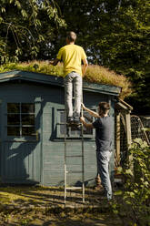 Vater steht auf einer Leiter und wird von seinem Sohn vor einem Haus gestützt - GUSF05625