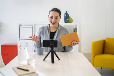 Eine Freiberuflerin erklärt während einer Videokonferenz über ihr Smartphone im Home Office - GIOF12052