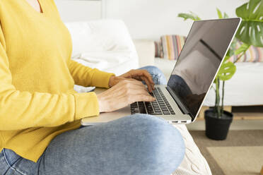 Frau benutzt Laptop im Wohnzimmer - JCCMF01634