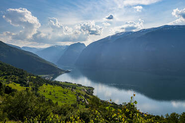 Norwegen, Aurland, Blick von oben auf den Aurlandsfjord - RUNF04229