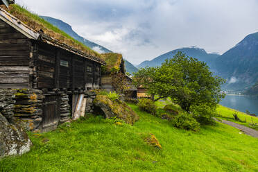 Norwegen, Aurland, Hütte des traditionellen Dorfes Otternes über dem Aurlandsfjord - RUNF04230