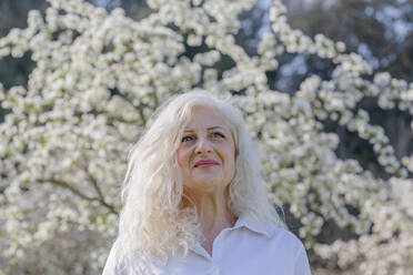 Thoughtful woman looking away while standing in front of tree at park - EIF00751