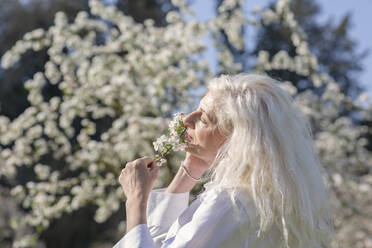 Mature woman with long white hair smelling flowers on sunny day - EIF00755