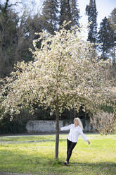 Ältere Frau, die im Frühling im Park um einen Baum mit Blumen herumgeht - EIF00757