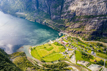 Norway, Rogaland, Lysebotn, Aerial view of coastal village at end of Lysefjord - RUNF04251