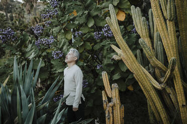 Älterer Mann schaut nach oben, während er inmitten von Pflanzen im Garten steht - GMLF01112