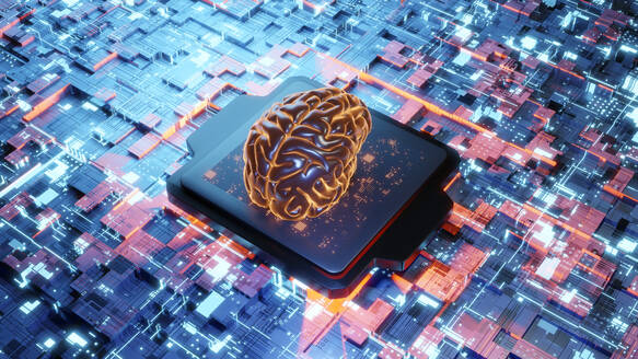 Three dimensional render of human brain on glowing circuit board - SPCF01322