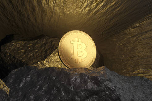 Dreidimensionales Rendering von Bitcoin, der in einer Mine leuchtet - SPCF01323
