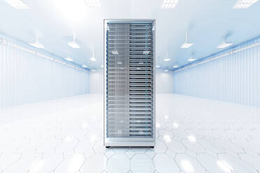 Dreidimensionales Rendering eines Netzwerk-Serverturms, der in einem hell erleuchteten Serverraum steht - SPCF01324