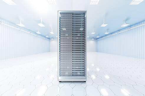 Three dimensional render of network server tower standing inside brightly lit server room - SPCF01324