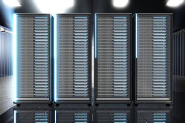 Dreidimensionales Rendering von Netzwerk-Servertürmen, die im Serverraum stehen - SPCF01325