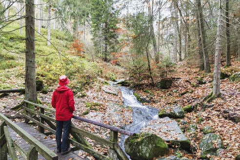 Ältere Frau mit rotem Mantel und Hut steht auf einer Brücke im Wald - GWF06969