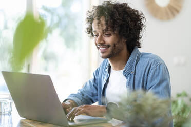 Smiling businessman working on laptop at home - SBOF03750