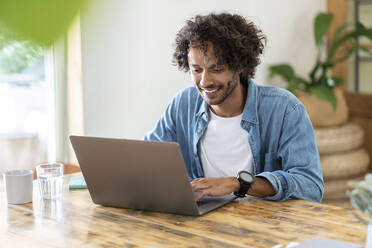 Cheerful male entrepreneur working on laptop at home - SBOF03752