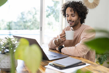 Männlicher Unternehmer, der eine Kaffeetasse hält und auf einen Laptop auf dem Tisch zu Hause schaut - SBOF03764