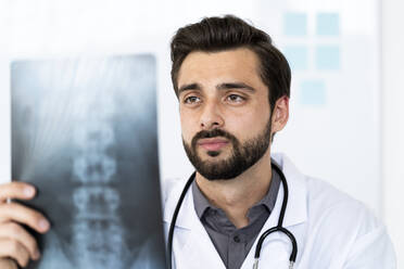 Gutaussehender medizinischer Angestellter bei der Analyse von Röntgenbildern im Krankenhaus - GIOF12212