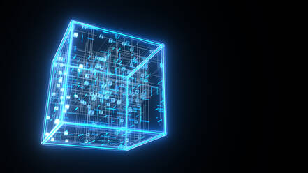 Three dimensional render of blue glowing blockchain cube - ALF00818