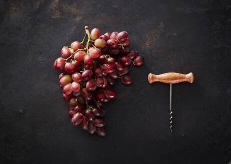 Studioaufnahme von frischen roten Weintrauben und Korkenzieher - KSWF02177